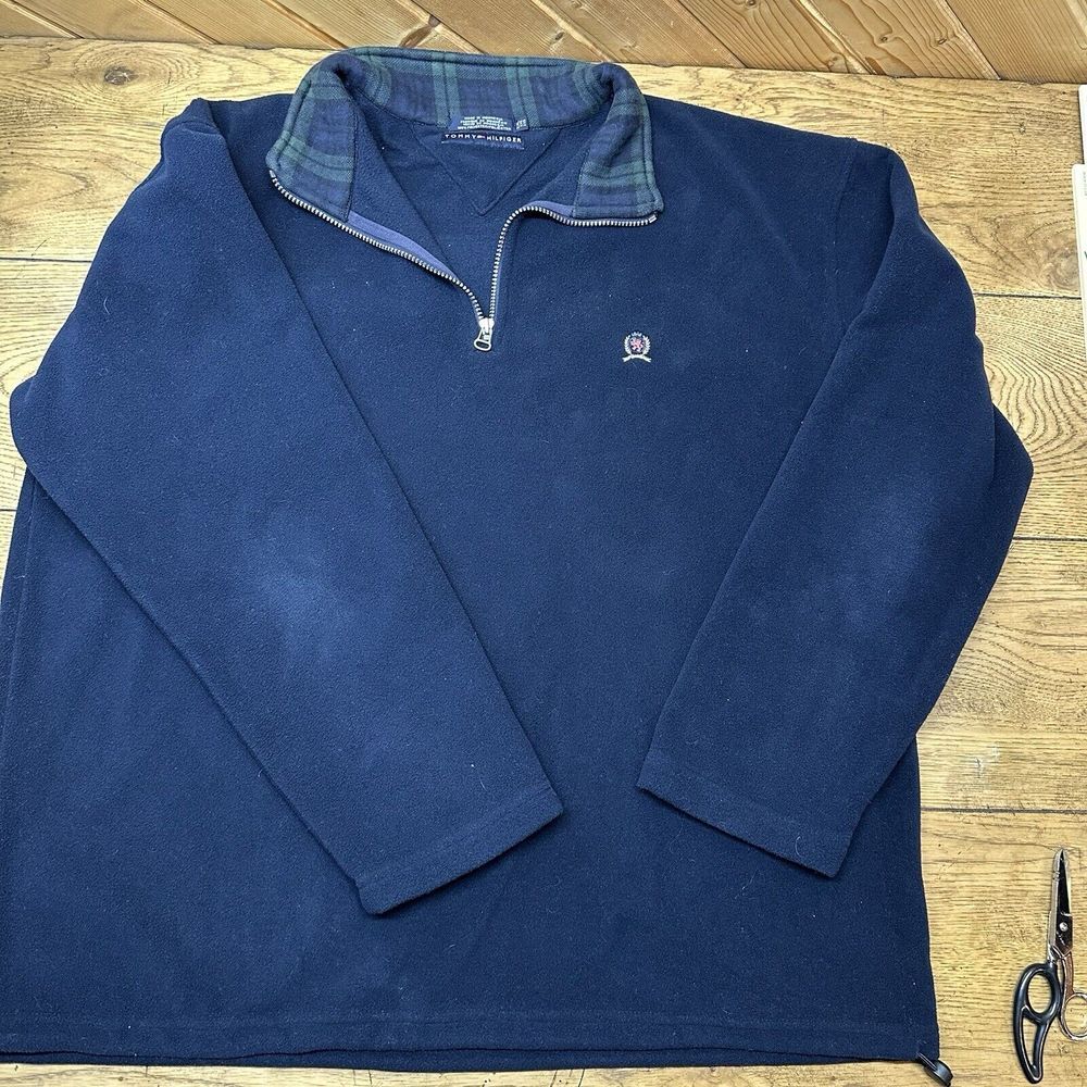 Vtg Tommy Hilfiger 90's Y2K Navy Plaid XXL Quarter‎ Zip Fleece Pull Over Sweater